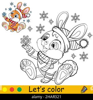 Joli lapin dans un chapeau de Noël avec flocons de neige.Personnage de lapin de dessin animé.Illustration vectorielle isolée.Livre de coloriage avec exemple de couleur.Pour la carte, Illustration de Vecteur