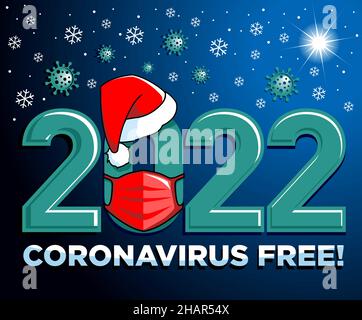 2022 affiche ou logo du concept de la nouvelle année saine avec chapeau de père Noël et masque rouge.Arrêter le coronavirus de la grippe.Vecteur sur fond hiver de nuit Illustration de Vecteur