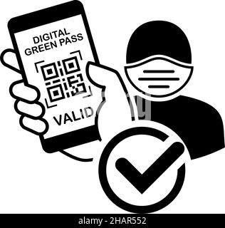 Homme dans le masque médical sur son visage montre l'écran de smartphone avec code QR de passeport numérique de santé.Icône de vecteur sur fond transparent Illustration de Vecteur