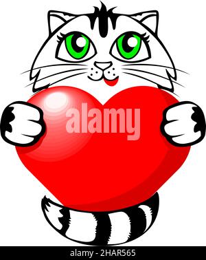 Chatte de tabby drôle avec un coeur rouge.Modèle de carte de vœux pour félicitations pour la Saint-Valentin.Vecteur sur fond transparent Illustration de Vecteur