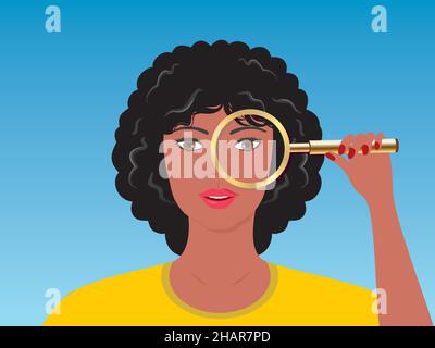 Femme curieuse avec loupe dorée.Illustration vectorielle.EPS10. Illustration de Vecteur