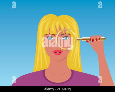 Femme curieuse avec loupe dorée.Illustration vectorielle.EPS10. Illustration de Vecteur
