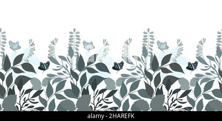 Motif fleuri vectoriel sans couture, bordure.Image panoramique horizontale avec herbes turquoise et gris-vert. Illustration de Vecteur