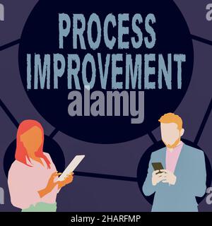 Inspiration montrant l'amélioration du processus d'affichage.Optimisation des idées commerciales respecter les nouveaux quotas norme de qualité Illustration des partenaires occupés à utiliser Banque D'Images