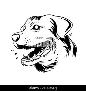 un visage de chien aboyant. une illustration dessinée à la main d'une tête d'animal sauvage. dessin d'art de ligne pour emblème, affiche, autocollant, tatouage, etc Banque D'Images