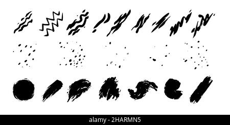 jeu de pinceaux d'encre en différents traits. scribbled, splaquée, tachée. la collection de pinceaux noirs pour un élément de dessin dessiné à la main. Banque D'Images