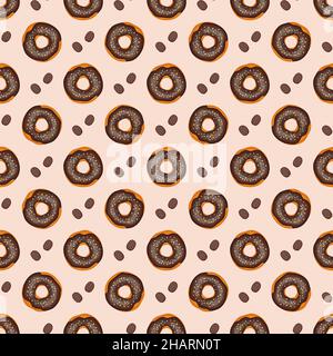 Motif sans couture à partir de beignets glacés et de grains de café.Imprimé de pâtisseries sucrées pour l'anniversaire, les vacances et la fête.Illustration vectorielle plate du dessert et de la nourriture Illustration de Vecteur