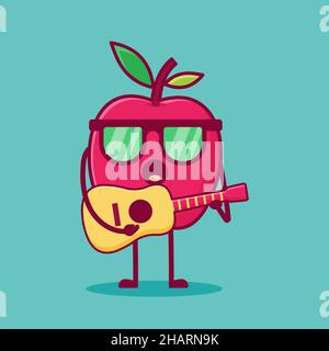 adorable personnage de pomme jouant guitare vecteur illustration dans le style plat. adapté pour icône, symbole, mascotte Illustration de Vecteur