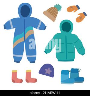 Ensemble de jolis vêtements d'hiver pour enfants en forme de dessin animé.Clip art vectoriel pour le design. Illustration de Vecteur