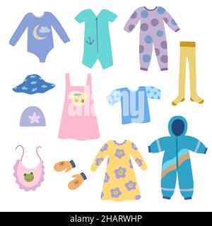 Ensemble de jolis vêtements pour bébé et bébé en forme de dessin animé de boho.Clip art vectoriel pour le design. Illustration de Vecteur