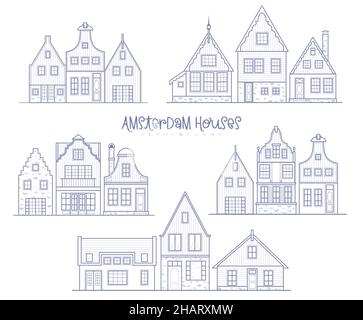 Groupes de maisons d'Amsterdam.Façades de vieux bâtiments européens.Les maisons de Hollande.Illustration du contour du jeu de vecteurs. Illustration de Vecteur