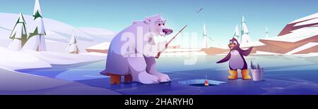 Pêche à l'ours blanc et aux pingouins, personnages animaux sauvages mignons assis sur la banquise près du trou de pêche avec des tiges puis mis dans le seau.Livre de conte de fées ou personnages de jeu, illustration vectorielle de dessin animé Illustration de Vecteur