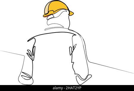 Dessin continu d'une ligne pour le technicien portant un uniforme et un casque de sécurité Illustration de Vecteur