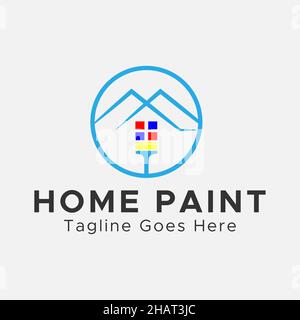 Logo minimaliste Home Paint. Forme circulaire rodoir pinceau logo. Bleu, noir et rouge. Illustration de Vecteur