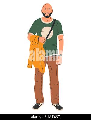 Jeune homme bald avec barbe et veste à la main. Illustration de Vecteur