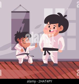 L'entraîneur est un karaté d'entraînement avec son étudiant dans un kimono blanc utilisant la ceinture noire père et fils dans dojo moderne dessin animé couleur plate arrière-plan isolé Illustration de Vecteur