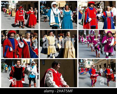 Sarteano - Italie - 15 août 2018 : Collage photo du joust médiéval de Saracen.Giostra del Saracino.Défilé dans les rues de Sarteano avant Joustin Banque D'Images