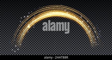 Arc magique doré.Effet de lumière magique abstrait.Lignes lumineuses au néon avec lumières volantes. Illustration de Vecteur