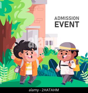 entrée événement école poster prospectus retour à l'école rencontrez des amis à l'extérieur devant l'édifice de l'école Illustration de Vecteur