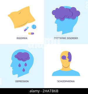 Icône troubles mentaux de style plat.Symboles de dépression, d'insomnie, de schizophrénie et de dysthymie.Illustration vectorielle. Illustration de Vecteur