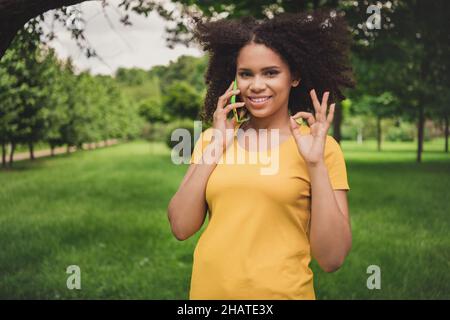 Portrait d'une jolie fille gaie parlant au téléphone chattant montrant ok-signe bonne journée sur l'air frais à l'extérieur Banque D'Images