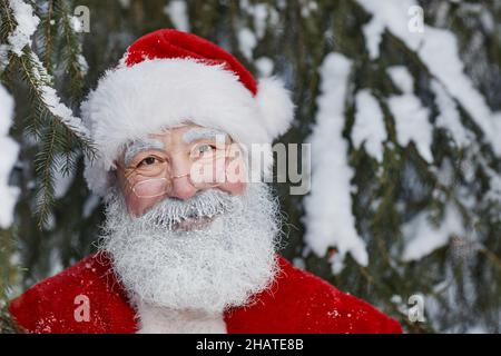 Portrait horizontal en gros plan du genre homme senior portant le costume du Père Noël avec des lunettes debout dans la forêt de sapins d'hiver regardant la caméra Banque D'Images