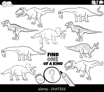 Dessin animé noir et blanc illustration de trouver un d'un genre image tâche éducative avec dinosaures personnages animaux préhistoriques coloriage page livre Illustration de Vecteur