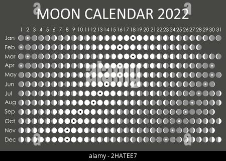 2022 Calendrier de la Lune. Conception de calendrier astrologique. planificateur. Placez les autocollants. Maquette du planificateur de cycle mensuel. Arrière-plan noir et blanc isolé Illustration de Vecteur