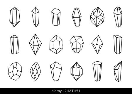 Ensemble d'icônes linéaires Crystal Minerals.Collection de pierres précieuses pour les arts de la ligne.Illustration de contour à vecteur isolé pour la médecine alternative et le traitement Illustration de Vecteur