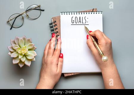 Bloc-notes, homeplant, lunettes, stylo sur fond gris planification financière, objectifs du concept de nouvel an vue du dessus formation et stratégies de financement de Flat Lay Banque D'Images