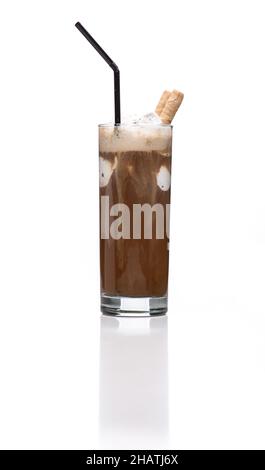 café glacé, café, crème glacée, chocolat, gaufres,paille, crème glacée à la vanille, blanc, marron, verre,vanille, latte, décoration, dessert, droit,tous les g Banque D'Images