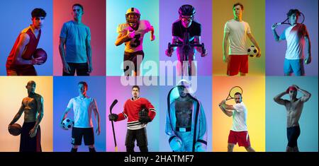 Image composite du portrait des athlètes, les sportifs professionnels posant isolés sur fond multicolore en lumière néon. Banque D'Images