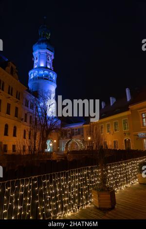 Sopron main Square illuminé noël hiver Banque D'Images