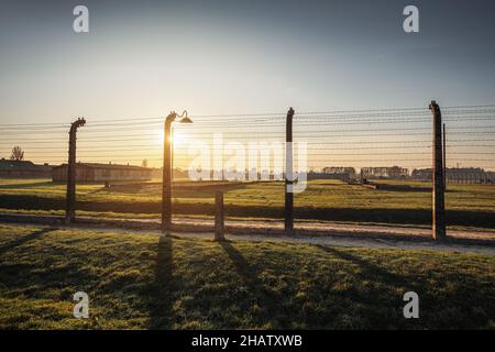 Clôture en barbelés à Auschwitz II - Birkenau, ancien camp allemand de concentration et d'extermination nazi - Pologne Banque D'Images