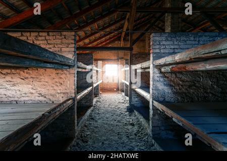 Casernes de prisonniers à l'intérieur d'Auschwitz II - Birkenau, ancien camp allemand de concentration et d'extermination nazi - Pologne Banque D'Images