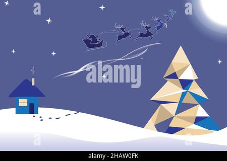 silhouette de père noël en traîneau avec renne se précipite sur la lune au-dessus de la maison et arbre de noël créatif Illustration de Vecteur