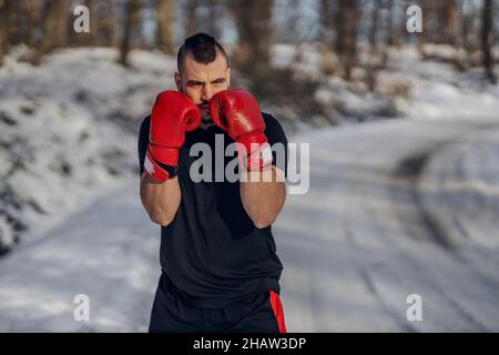 Boxeur robuste avec gants de boxe debout dans la nature lors d'un hiver enneigé et étincelant.Boxe dans la nature, vie saine, sport d'hiver Banque D'Images