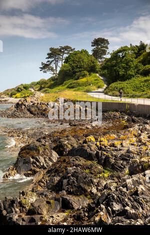 UK Northern Ireland, Co Down, Bangor, Stricklands (Fairy) Glen, homme marchant sur le sentier côtier à Bryansburn Bay Banque D'Images