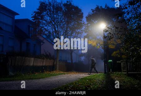 Une femme marche à travers un parc solitaire à Markt Swabia, Bavière, Allemagne, dans un matin d'automne sombre et froid Banque D'Images