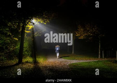 Une femme marche à travers un parc solitaire à Markt Swabia, Bavière, Allemagne, dans un matin d'automne sombre et froid Banque D'Images