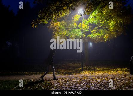 Une femme marche à travers un parc solitaire à Markt Swabia, Bavière, Allemagne, dans un matin d'automne sombre et froid Banque D'Images