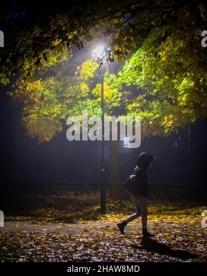 Une femme marche à travers un parc solitaire à Markt Swabia, Bavière, Allemagne, dans un matin d'automne sombre et froid Banque D'Images