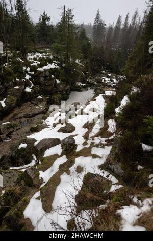 15 décembre 2021, Basse-Saxe, Oderbrück: Des restes de neige se trouvent sur un petit affluent de l'Oder à l'Oderteich dans les montagnes du Harz.Photo: Swen Pförtner/dpa Banque D'Images