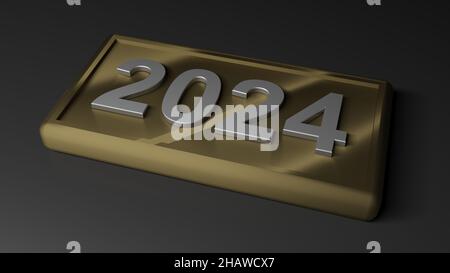 Étiquette en laiton métallique avec l'illustration de rendu 2024 chromé - 3D Banque D'Images