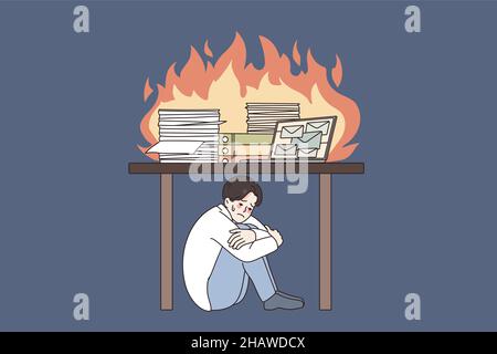 Malheureux stressé homme sous la table frustré par le bureau de travail brûlé ont la date limite dans le bureau.Homme d'affaires ou employé contrarié par l'épuisement professionnel.Concept de contrainte.Illustration vectorielle. Illustration de Vecteur