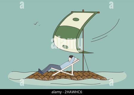 Heureux réussi jeune homme d'affaires sur bateau sous la voile dollar profiter de revenu passif ou de profit.Un homme trop joyeux se détendre obtenir des dividendes de bons investissements financiers.Succès financier.Illustration vectorielle. Illustration de Vecteur