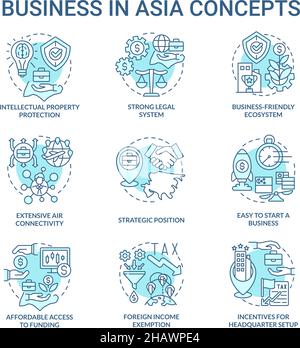 Business in Asia turquoise concept Icons Set Illustration de Vecteur