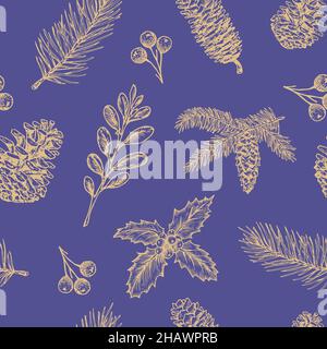 Motif vectoriel de Noël dessiné à la main sans couture avec fond très péri.Branches de pin, strombes houx et GUI croquis carte ou modèle de couverture Illustration de Vecteur