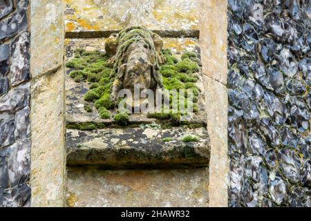 Embellissement d'un chien sculpté sur une partie d'un contrefort avec des fusts de flanelle à l'église de Sainte Marie de l'Assomption, Ufford, Suffolk, Royaume-Uni Banque D'Images