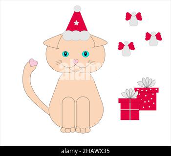 Image vectorielle d'un chat beige dans un chapeau de Noël avec des cadeaux du nouvel an et des anges de jouets de Noël sur un fond blanc Illustration de Vecteur